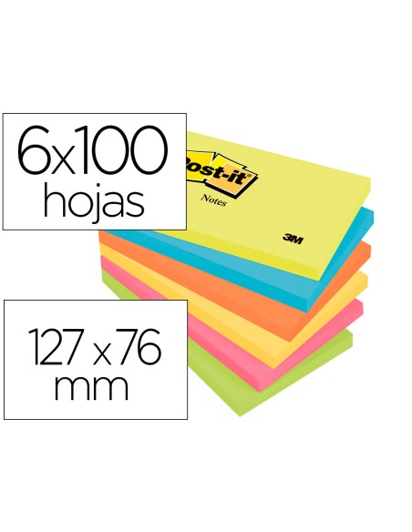 Bloc de notas adhesivas quita y pon post-it 76x127 mm neon pack de 6 blocs surtido