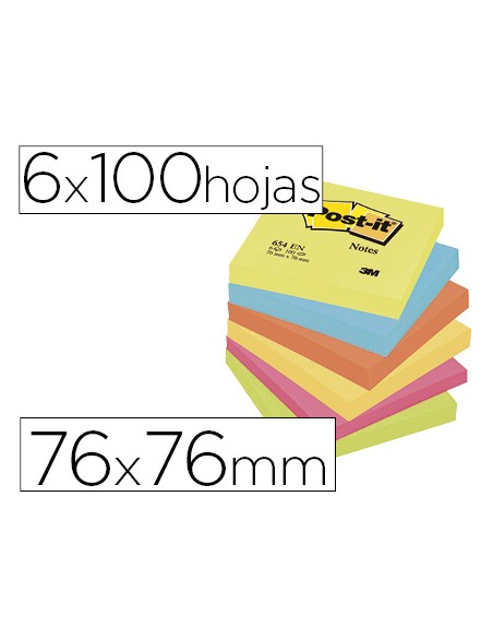 Bloc de notas adhesivas quita y pon post-it 76x76 mm neon pack de 6 unidades colores surtidos