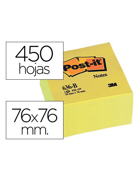 Bloc de notas adhesivas quita y pon post-it 76x76x45 mm cubo color amarillo 450 hojas