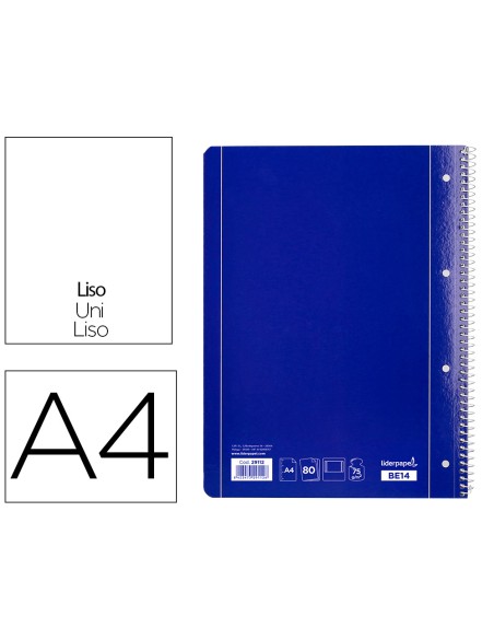 Cuaderno espiral liderpapel a4 micro serie azul tapa blanda 80h 75gr liso con margen 4 taladros azul