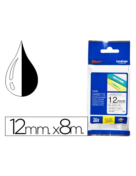Cinta brother tze-231 blanco-negro 12mm longitud 8 m