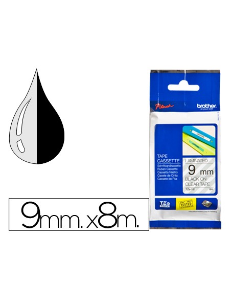 Cinta brother tze121 transparente-negro 9mm longitud 8 m