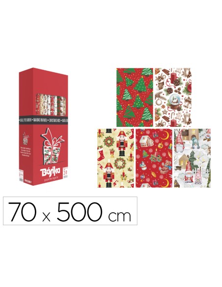 Papel de regalo basika navidad rollo ancho 70 cm longitud 5 m diseños surtidos gramaje 50 g