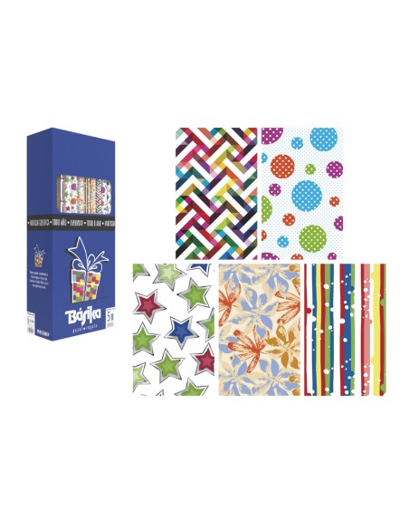 Papel de regalo basika todo año rollo ancho 70 cm longitud 5 m modelos surtidos gramaje 50 g