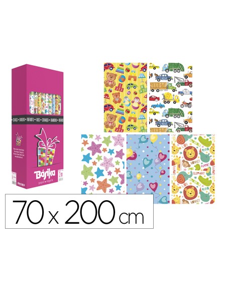 Papel de regalo basika infantil rollo ancho 70 cm longitud 2 m diseños surtidos gramaje 60 g