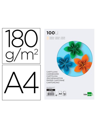 Cartulina liderpapel a4 180g/m2 crema paquete...