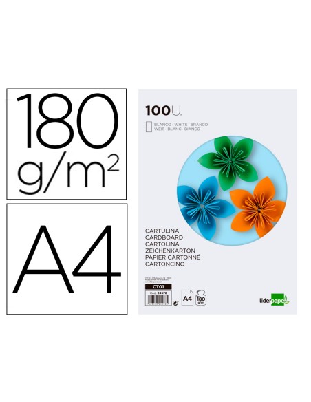 Cartulina liderpapel a4 180g/m2 blanco paquete de 100 hojas