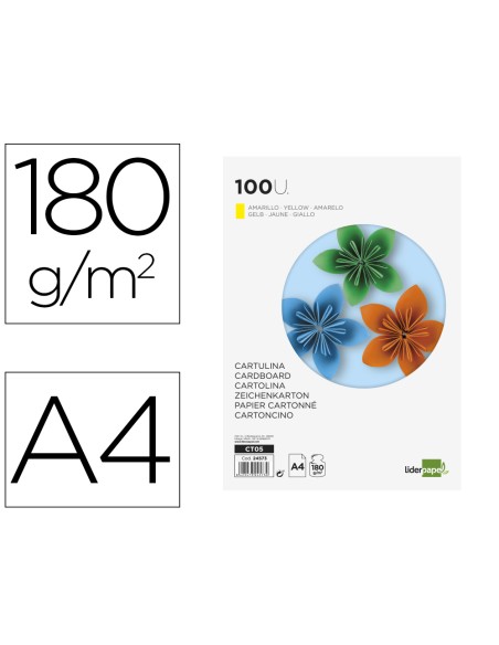 Cartulina liderpapel a4 180g/m2 amarillo paquete de 100 hojas