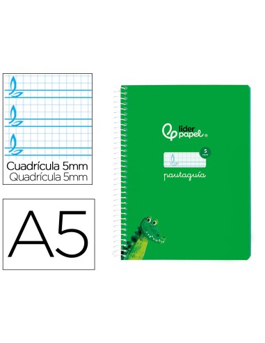 Cuaderno espiral liderpapel din a5 pautaguia tapa blanda 40h 75gr cuadro pautado 5mm color verde