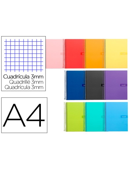 Cuaderno espiral liderpapel a4 crafty tapa forrada 80h 90 gr cuadro 3mm con margen colores surtidos