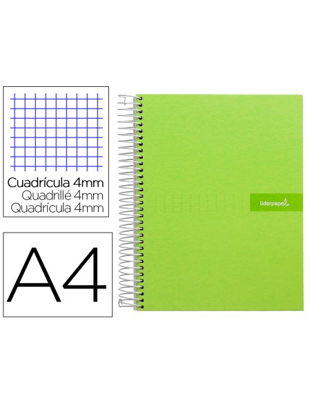 Cuaderno espiral liderpapel a4 crafty tapa forrada 80h 90gr cuadro 4mm con margen color verde