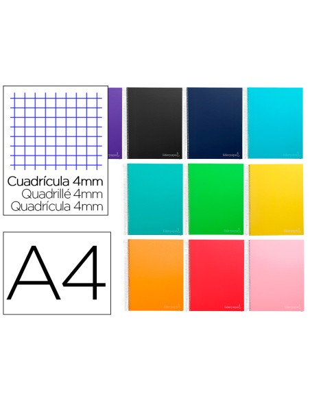 Cuaderno espiral liderpapel a4 micro jolly tapa forrada 140h 75gr cuadro 4mm 5 bandas 4 taladros colores surtidos