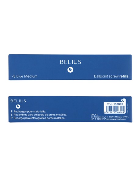 Recambio boligrafo belius azul 0,8 mm caja 3 unidades