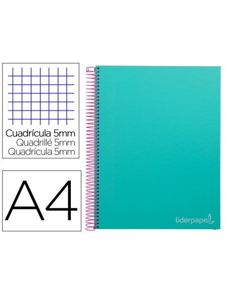 Cuaderno espiral liderpapel a4 micro jolly tapa forrada 140h 75gr cuadro 5mm 5 bandas 4 taladros color turquesa
