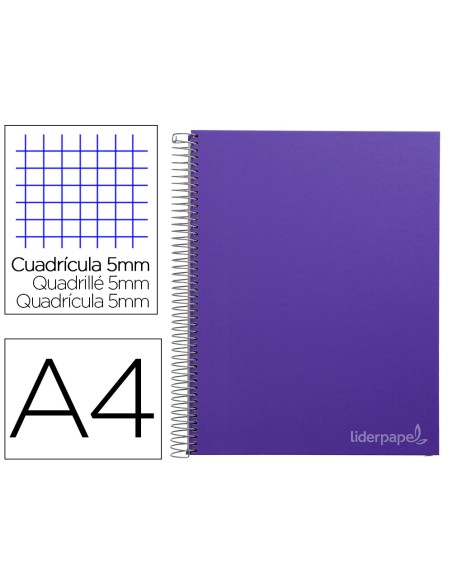 Cuaderno espiral liderpapel a4 micro jolly tapa forrada 140h 75gr cuadro 5mm 5 bandas 4 taladros color lila