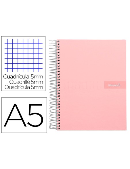Cuaderno espiral liderpapel a5 micro crafty tapa forrada 120h 90gr cuadro 5mm 5 bandas 6 taladros color rosa