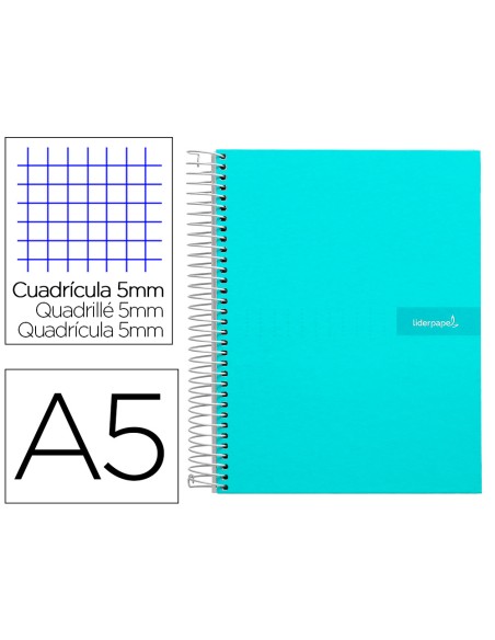 Cuaderno espiral liderpapel a5 micro crafty tapa forrada 120h 90gr cuadro 5mm 5 bandas 6 taladros color turquesa