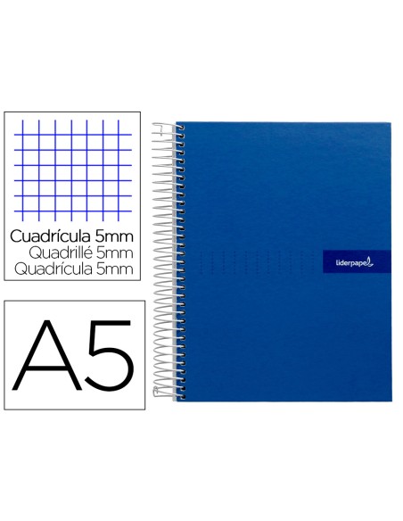 Cuaderno espiral liderpapel a5 micro crafty tapa forrada 120h 90gr cuadro 5mm 5 bandas 6 taladros color azul