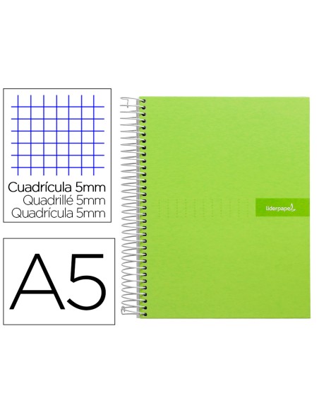 Cuaderno espiral liderpapel a5 micro crafty tapa forrada 120h 90gr cuadro 5mm 5 bandas 6 taladros color verde