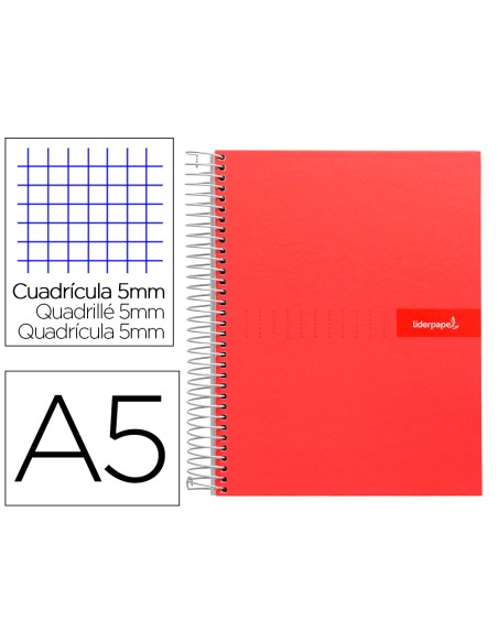 Cuaderno espiral liderpapel a5 micro crafty tapa forrada 120h 90gr cuadro 5mm 5 bandas 6 taladros color rojo