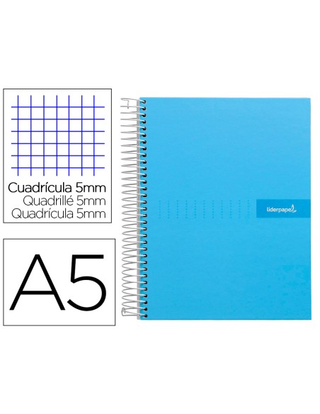 Cuaderno espiral liderpapel a5 micro crafty tapa forrada 120h 90gr cuadro 5mm 5 bandas 6 taladros color celeste