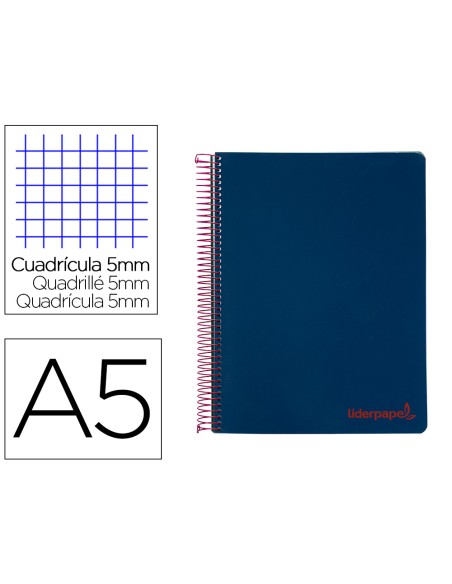 Cuaderno espiral liderpapel a5 micro wonder tapa plastico 120h 90gr cuadro 5mm 5 bandas 6 taladros color azul marino