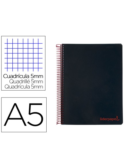 Cuaderno espiral liderpapel a5 micro wonder tapa plastico 120h 90gr cuadro 5mm 5 bandas 6 taladros color negro