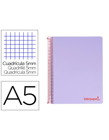 Cuaderno espiral liderpapel a5 micro wonder tapa plastico 120h 90gr cuadro 5mm 5 bandas 6 taladros color violeta