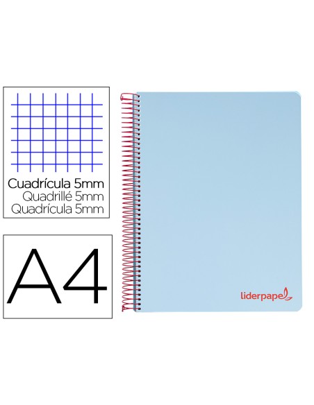 Cuaderno espiral liderpapel a4 micro wonder tapa plastico 120h 90gr cuadro 5mm 5 banda 4 taladros color celeste