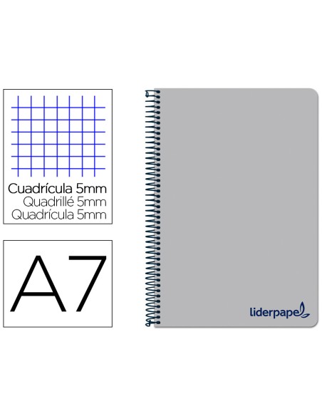 Cuaderno espiral liderpapel a7 micro wonder tapa plastico 100h 90gr cuadro 5mm 4 bandas color gris