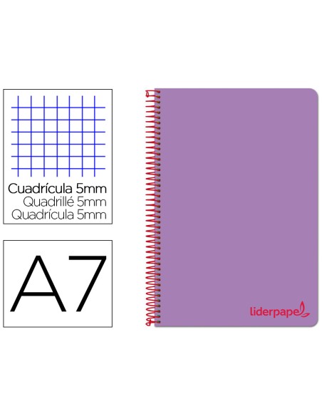 Cuaderno espiral liderpapel a7 micro wonder tapa plastico 100h 90gr cuadro 5mm 4 bandas color violeta