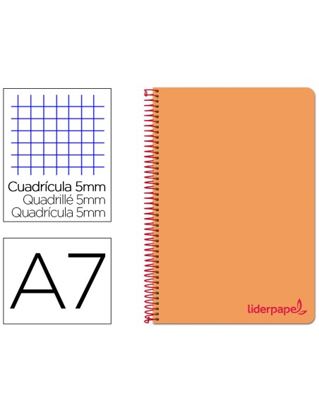 Cuaderno espiral liderpapel a7 micro wonder tapa plastico 100h 90gr cuadro 5mm 4 bandas color naranja