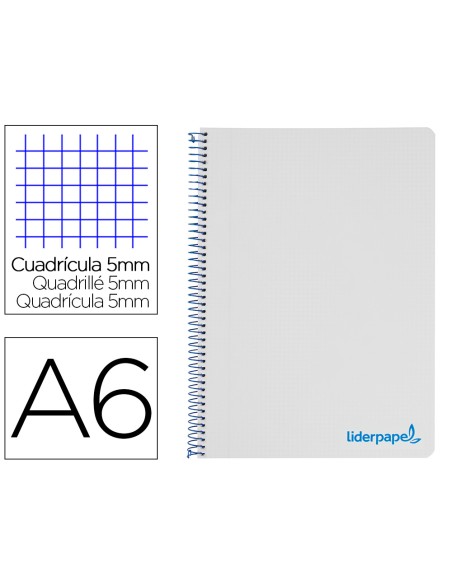 Cuaderno espiral liderpapel a6 micro wonder tapa plastico 120h 90 gr cuadro 5mm 4 bandas color gris