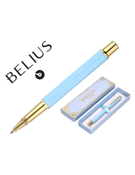 Boligrafo belius macaron bliss forma hexagonal color celeste y dorado tinta azul caja de diseño