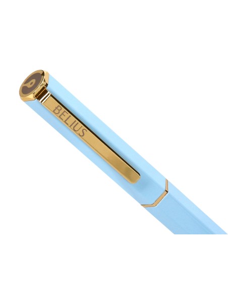 Boligrafo belius macaron bliss forma hexagonal color celeste y dorado tinta azul caja de diseño