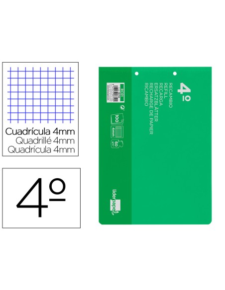 Recambio liderpapel cuarto apaisado 100 hojas 60gr cuadro 4 mm 2 taladros con margen