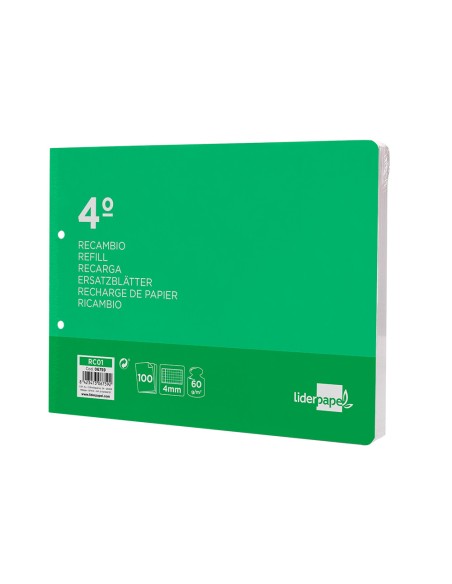 Recambio liderpapel cuarto apaisado 100 hojas 60gr cuadro 4 mm 2 taladros con margen