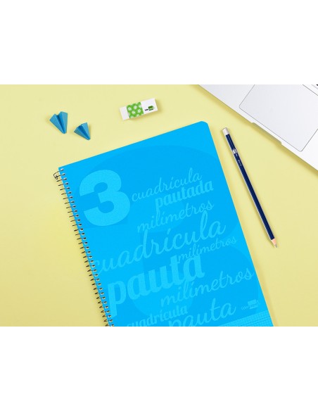 Cuaderno espiral liderpapel folio pautaguia tapa plastico 80h 75gr cuadro pautado 3mm con margen color azul