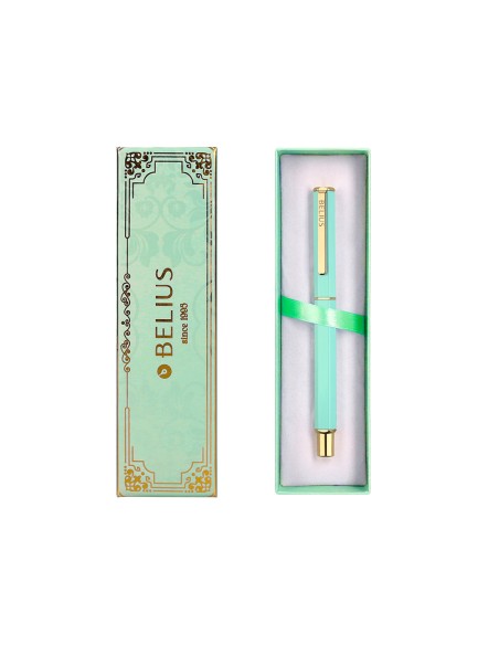 Boligrafo belius macaron bliss forma hexagonal color verde dorado tinta azul caja de diseño