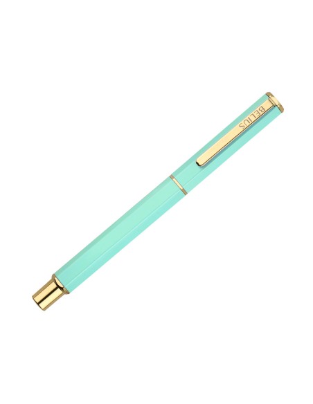 Boligrafo belius macaron bliss forma hexagonal color verde dorado tinta azul caja de diseño