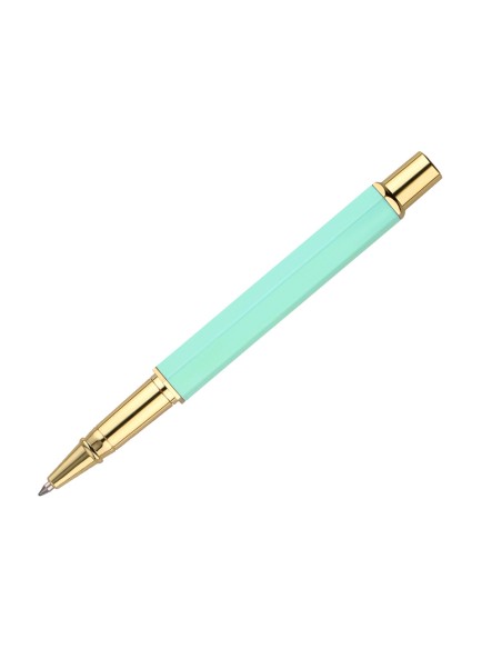 Boligrafo belius macaron bliss forma hexagonal color verde dorado tinta azul caja de diseño