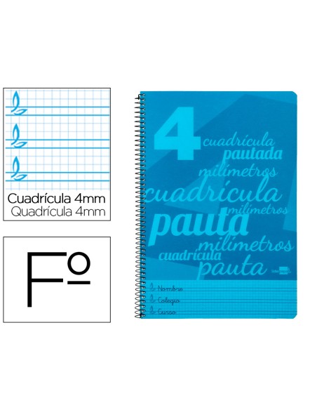 Cuaderno espiral liderpapel folio pautaguia tapa plastico 80h 75gr cuadro pautado 4mm con margen color azul