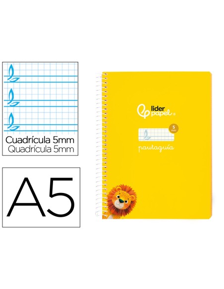 Cuaderno espiral liderpapel a5 pautaguia tapa blanda 40h 75gr cuadro pautado 5mm color amarillo