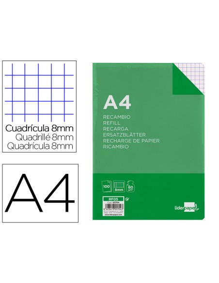 Recambio liderpapel a4 100 hojas 60gr cuadro 8mm con margen 4 taladros