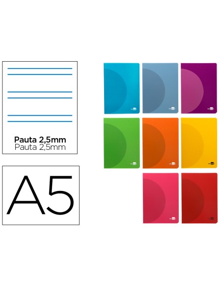 Libreta liderpapel 360 tapa de plastico a5 48 hojas 90gr pauta 5 2,5mm con margen colores surtidos