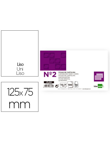 Ficha liderpapel lisa nº2 75x125mm 180gr paquete de 100 unidades