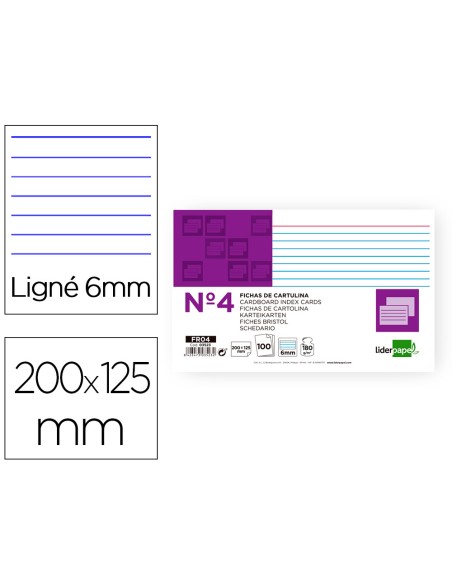 Ficha liderpapel rayada nº4 125x200 mm 180gr paquete de 100 unidades