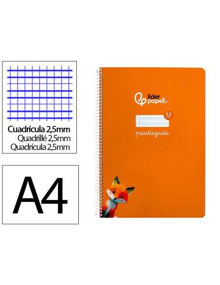 Cuaderno espiral liderpapel a4 pautaguia tapa dura 80h 90 gr cuadro pautado 2,5 mm color naranja