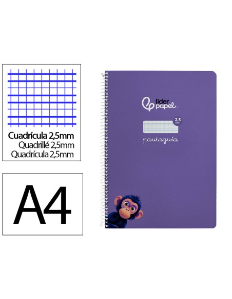 Cuaderno espiral liderpapel a4 pautaguia tapa dura 80h 90 gr cuadro pautado 2,5mm color lila