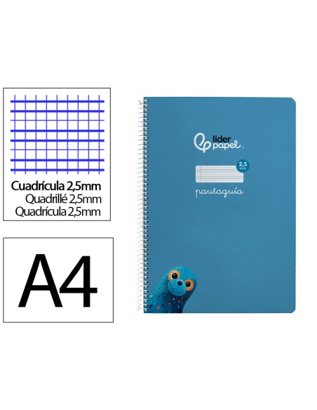 Cuaderno espiral liderpapel a4 pautaguia tapa dura 80h 90 gr cuadro pautado 2,5mm color azul